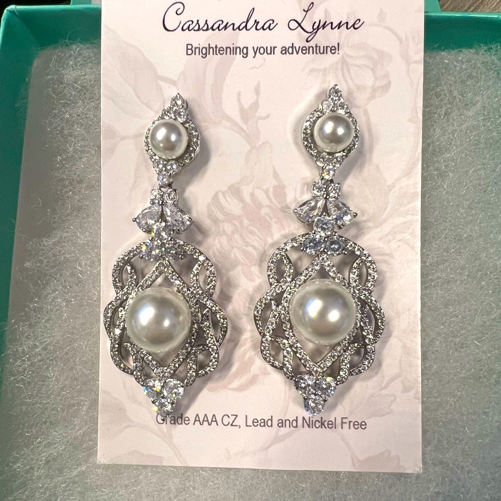 Bridal Special Occasion CZ and Pearl drop earrings